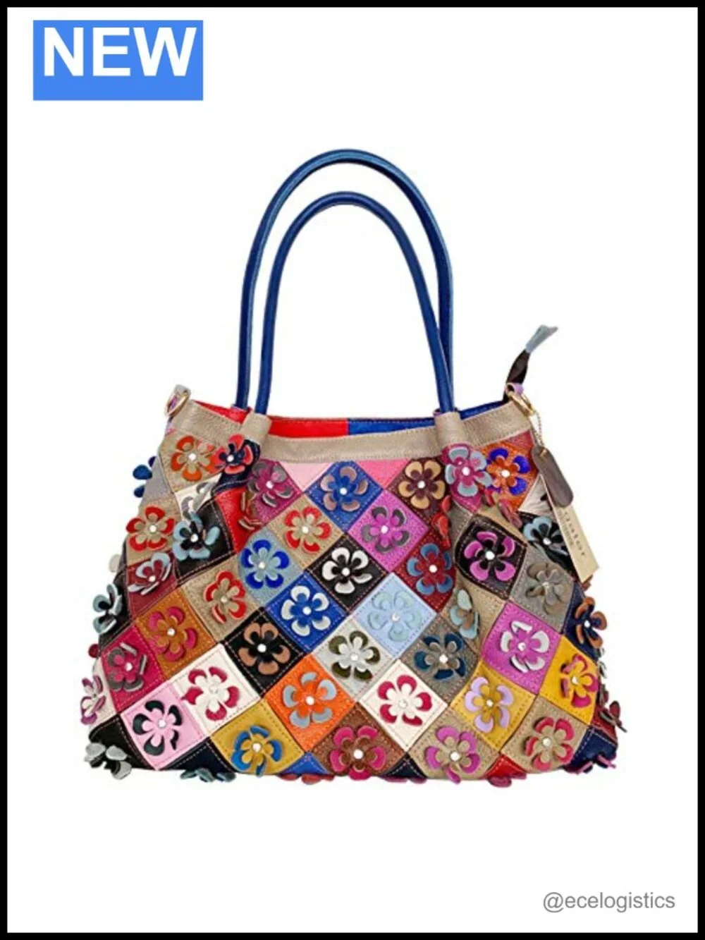 Genuine Leather Floral Tote Bag Women Large 3D Patchwork Cowhide Top Handle
